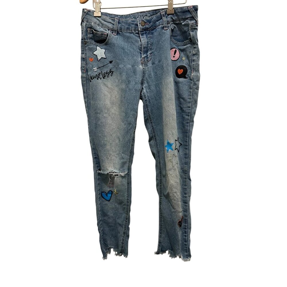 Cat & Jack Girls Distressed Embellished Skinny Jeans Size J16 Blue Denim With St